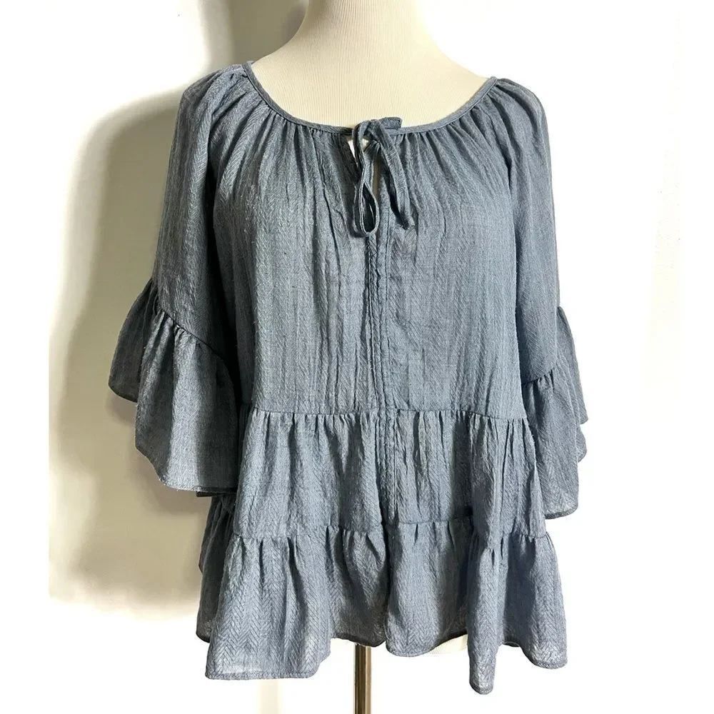 MUSTARD SEED Blue Chambray Ruffle Frills Tiered Dolman Bell Sleeve Blouse Top